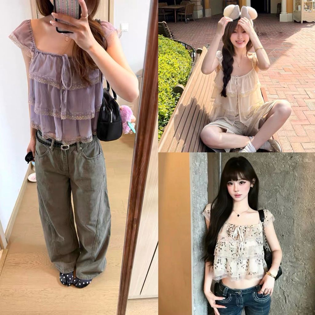 ส่งด่วน 🛵 90546 RUFFLE TOP เสื้อคอเหลี่ยมแต่งระบาย CCJ