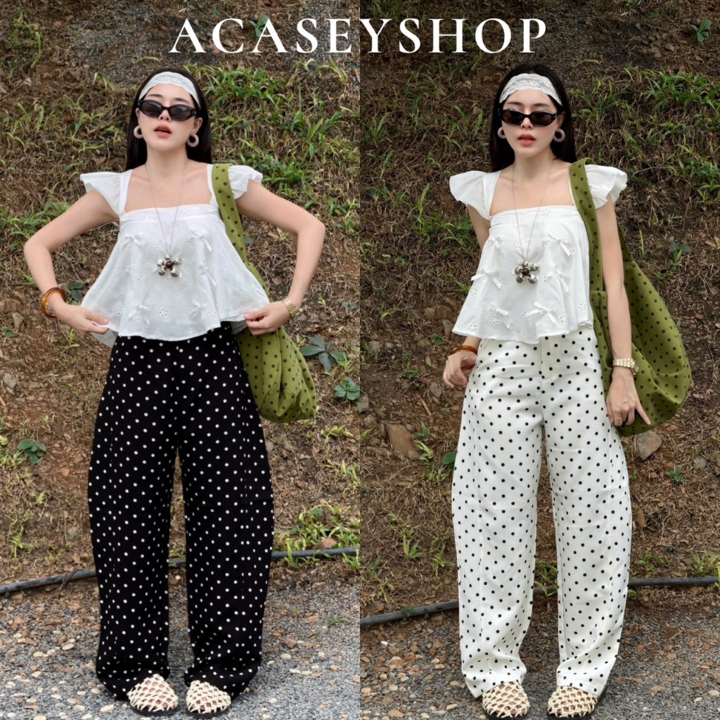 Acasey กางเกงขายาวผู้หญิง Polka Dot Barrel Pants ผ้าเปเป้ พรางหุ่น ไซส์ S - XL