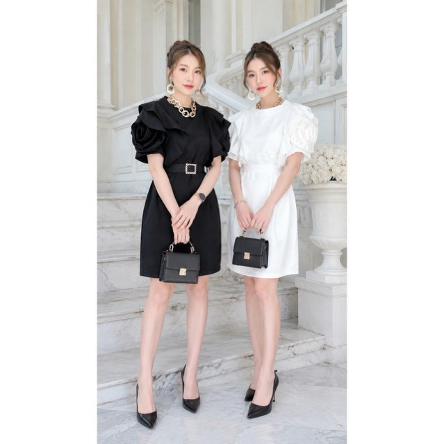 ชุดเดรสแฟชั่นใส่ได้ตั้งแต่ D01ดีเทลแขนกุหลาบ เดรสสาวอวบ ชุดผู้หญิง