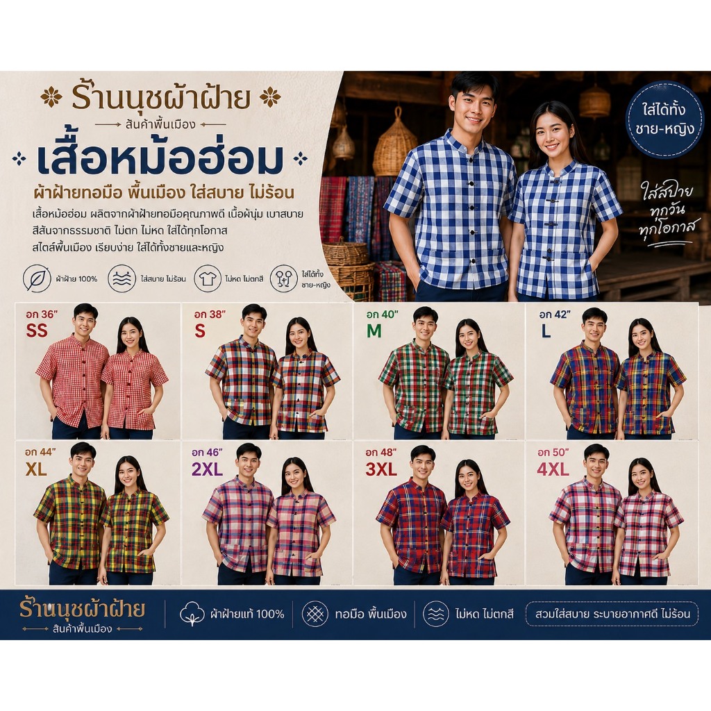 เสื้อหม้อฮ่อม อก 36" ( SS ) ความยาว 25" เสื้อหม้อฮ่อมชายและหญิงผ้าขาวม้าฝ้ายคอจีน ติดกระดุมผ่าหน้า