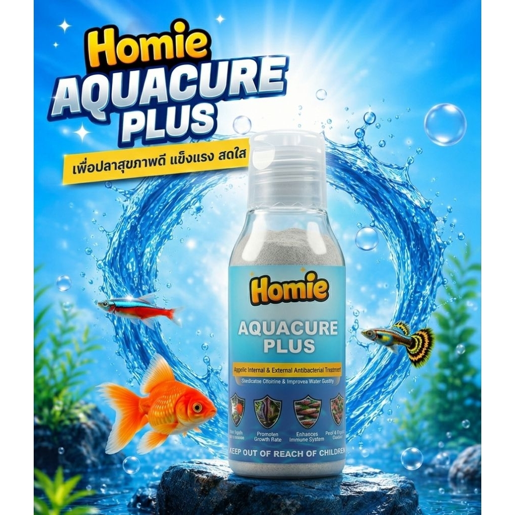 ยารักษาโรคปลา ​Homie AQUACURE PLUS ขจัดปรสิตปลาและแบคทีเรีย ภายใน ภายนอก ปลอดภัยต่อปลา 50 กรัม