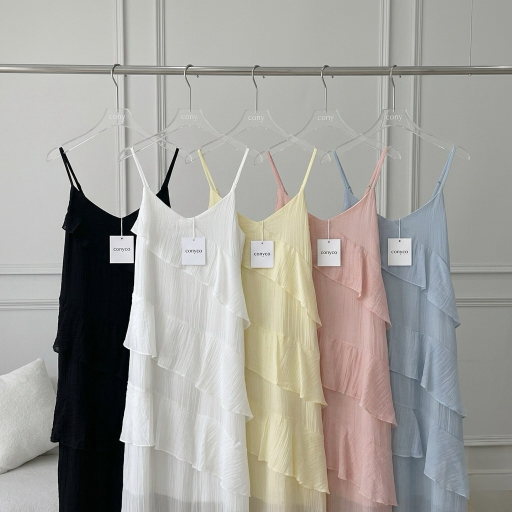 conycolours | swan slip dress เดรสสายเดี่ยวระบายชั้นผ้าพริ้ว