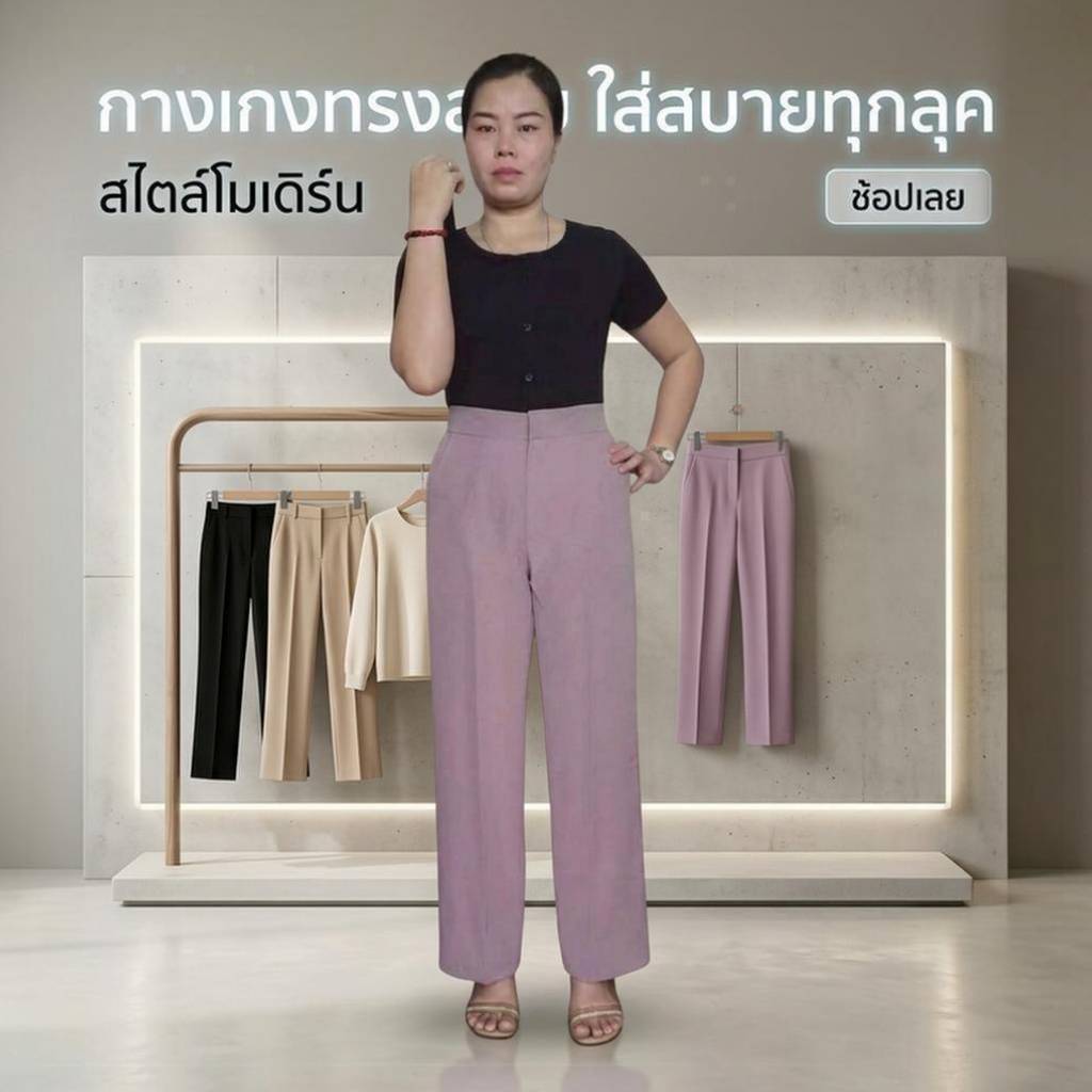 กางเกงขายาวกระบอกกลางตะขอหน้า ขอบเรียบใส่ทำงานได้ S-2XL