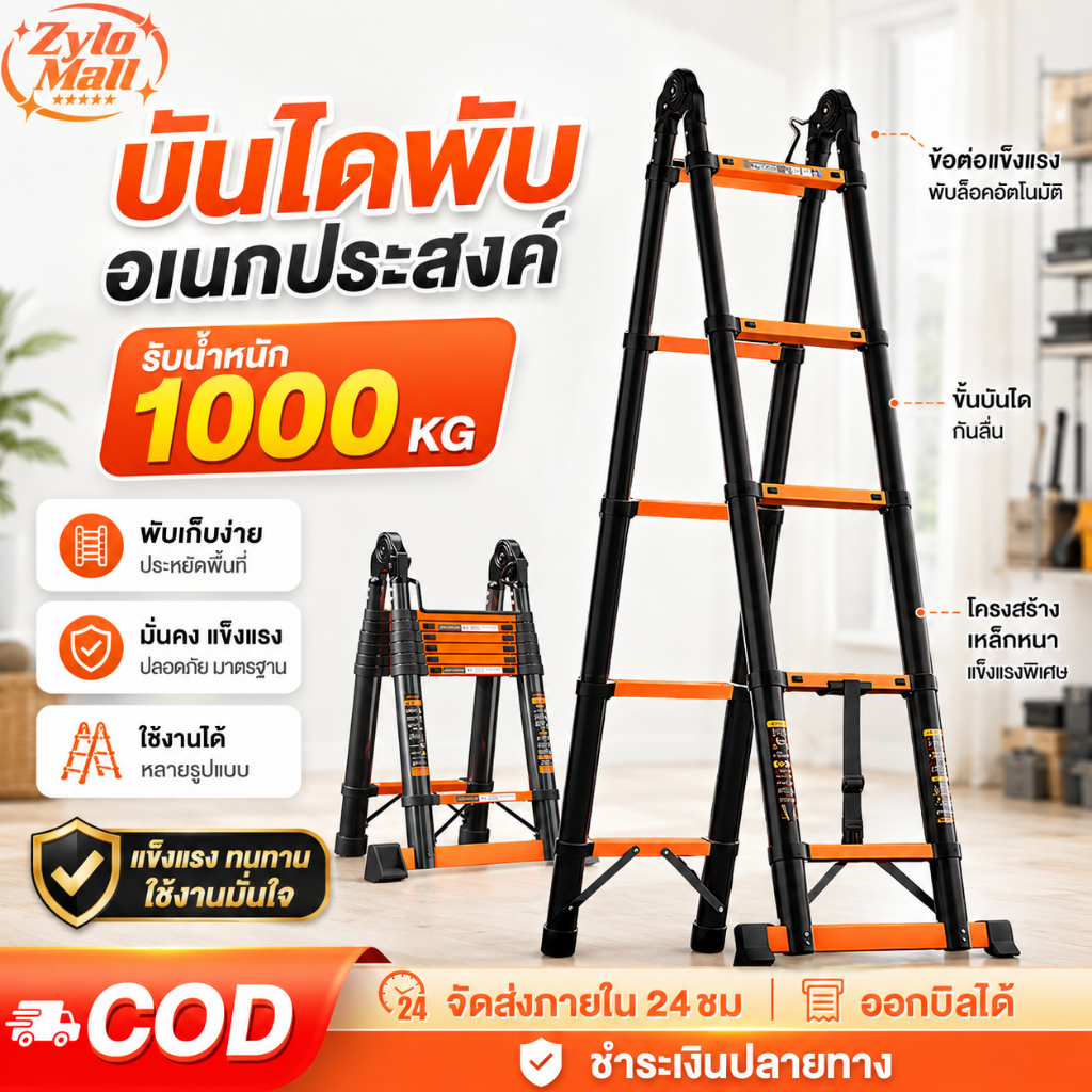 บันไดพับได้ บันได บันไดอลูมิเนียม รับน้ำหนักได้ 1000KG บรรไดพับได้ ยืดหดและพับเก็บง่าย ง่ายต่อการพกพา แข็งแรงไม่โยก