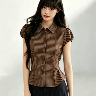 เสื้อเชิ้ตแขนสั้น แขนพอง สายรัดทรงรัดเอว ลายทางบาง สไตล์เกาหลี ใส่ได้ทุกชุด
