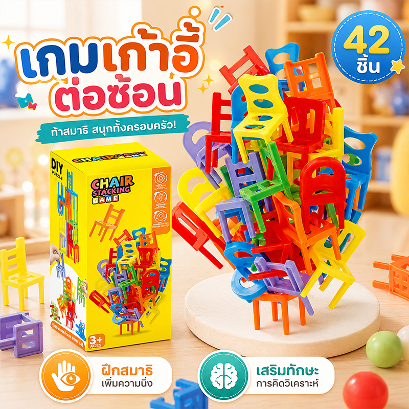 COD บล็อกตัวต่อเก้าอี้ 42 ชิ้น ของเล่นฝึกสมองเด็ก เกมครอบครัว ของเล่นอนุบาล ของขวัญวันเด็ก