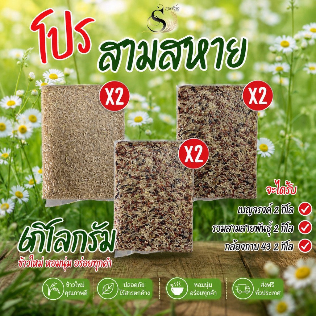 โปรสามสหาย ตราทรัพย์ธนา แพคสุญญากาศ 6กิโลกรัม แพคละ1กิโลกรัม ข้าวใหม่ หอม อร่อย