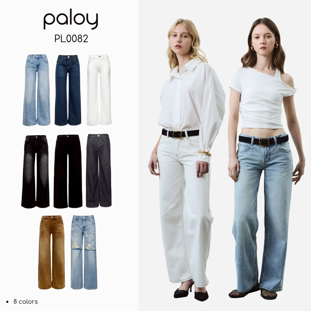 Paloy PL0082 กางเกงยีนส์เอวต่ำ ขากระบอกกลาง แต่งเฟด