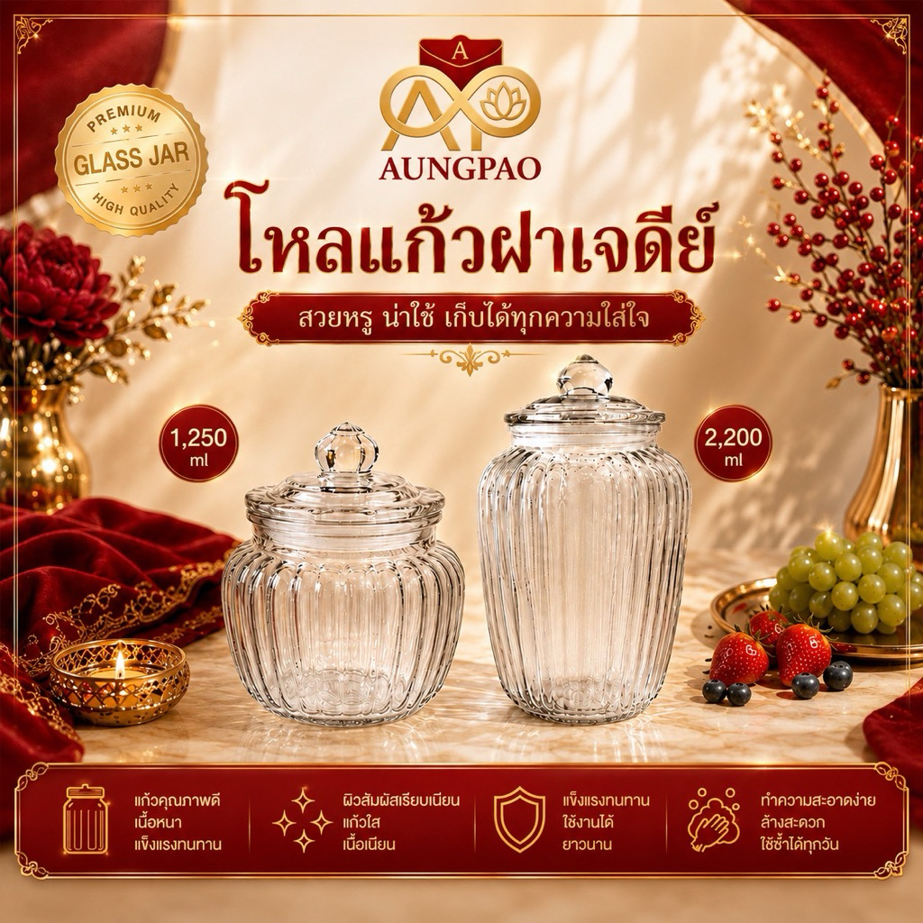 โหลแก้วฝาเจดีย์ลายริ้ว  มีให้เลือก 2 ขนาด