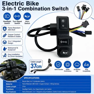 สวิตช์เปิดปิดไฟ E-bike 3in1 สวิตช์ไฟเลี้ยวพร้อมปุ่มแตร ใช้กับรถจักรยานไฟฟ้าและรถสามล้อไฟฟ้า
