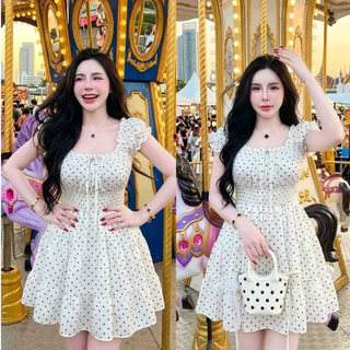 เดรสแขนตุ๊กตาโพกะดอท เอวสม็อค สาวอวบใส่ได้ (อก30-48)