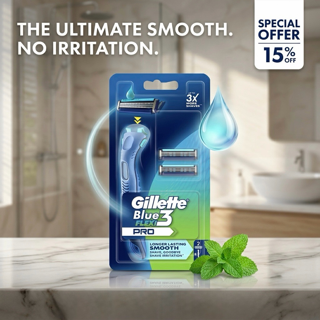 Gillette Blue 3 Flexi Pro มีดโกนหนวด ยิลเลตต์ บลู3 เฟล็กซี โปร(ชุดด้าม + ใบมีดเปลี่ยน 2ชิ้น)