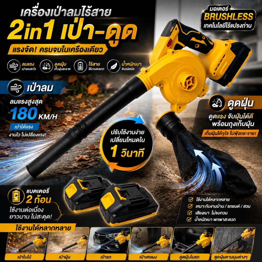 (ลดราคา)เครื่องเป่าลมและเครื่องดูดฝุ่นไร้สาย 2IN1 บัสเลส แบต 299Vf จำนวน 2 ก้อน ปรับระดับได้ 6 ระดับ พลังงานสูง แรง