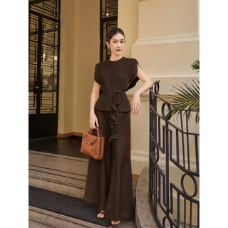 THE CLOSETA : LB635 ชุดเซ็ทเสื้อทรงแขนล้ำแต่งระบาย+กางเกงทรงขาบาน พร้อมเชือกผูกเอวดอกไม้