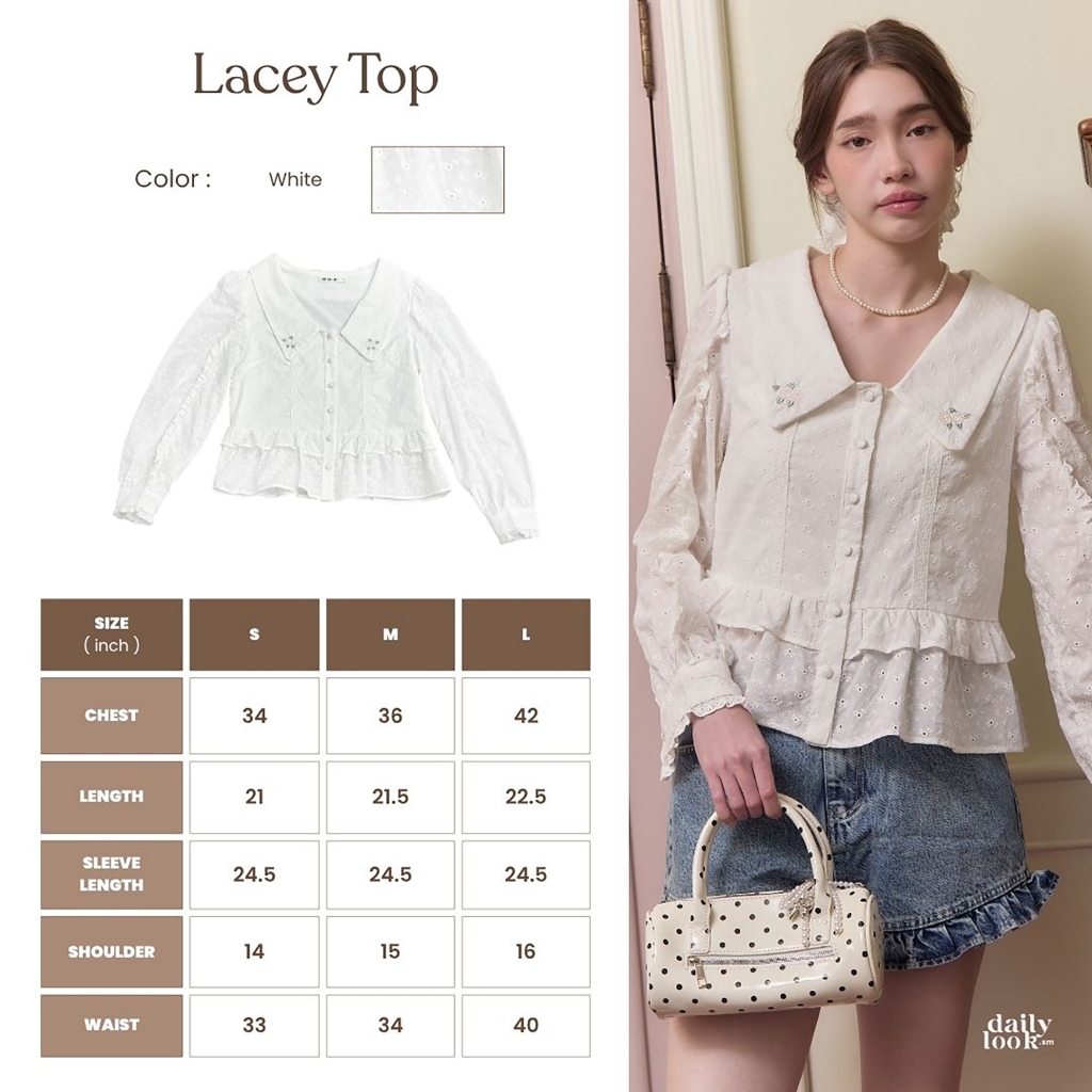 DAILYLOOK.SM --- Lacey top เสื้อเบลาส์แขนยาวผ้าลูกไม้ฉลุหวานละมุน ดีไซน์คอปกตกแต่งลายปักดอกกุหลาบ