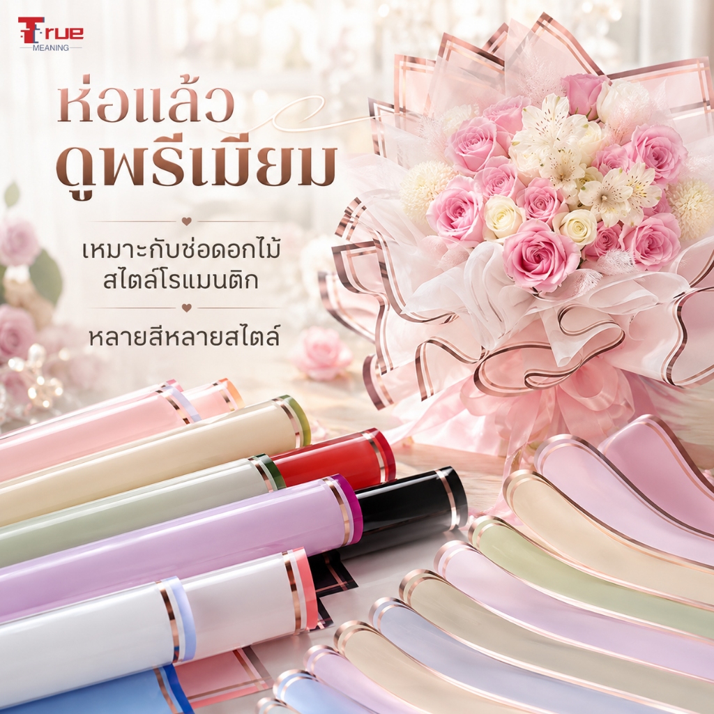 ฟิล์มใสห่อช่อดอกไม้ ขอบทอง 57x57 ซม. กระดาษห่อดอกไม้สไตล์พรีเมียม สำหรับจัดช่อและห่อของขวัญ