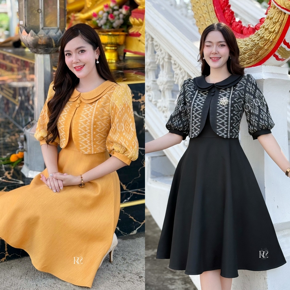 (แถมโบว์ติดผม)เดรสผ้าฝ้ายทอลายสีเหลืองมัสตาร์ดและสีดำ กระโปรงทรงย้วย คอบัว แต่งกั๊ก(RC0106)