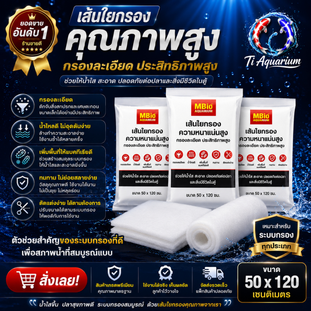 ใยกรอง3D ความหนาแน่นสูง เกรดพรีเมียม ช่วยดักจับเศษสิ่งสกปรกและตะกอนขนาดเล็กได้อย่างมีประสิทธิภาพ ขนาด50x120cm 1แผ่น