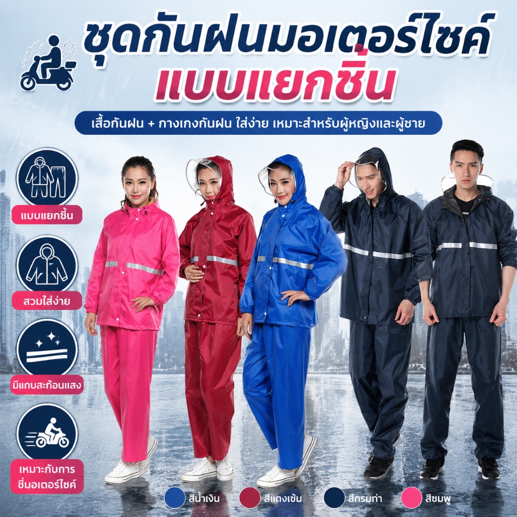【จัดส่งภายใน 24 ชั่วโมง】เสื้อกันฝนผู้ใหญ่ ชุดกันฝนขี่มอเตอร์ไซค์ ไซซ์ L-XXL แบบหนา มีแถบสะท้อนแสง กันฝน เสื้อกางเกงครบ