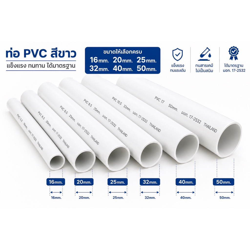 (3 ท่อน) ท่อร้อยสายไฟ PVC สีขาว NANO ขนาด 16/20/25/32/40/50 มม.