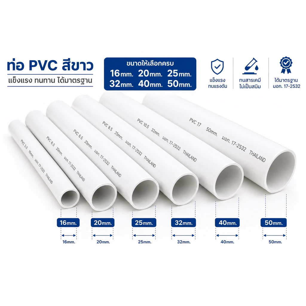 (3 ท่อน ท่อนละ 96cm.) ท่อร้อยสายไฟ PVC สีขาว NANO ขนาด 16/20/25/32/40/50 มม.