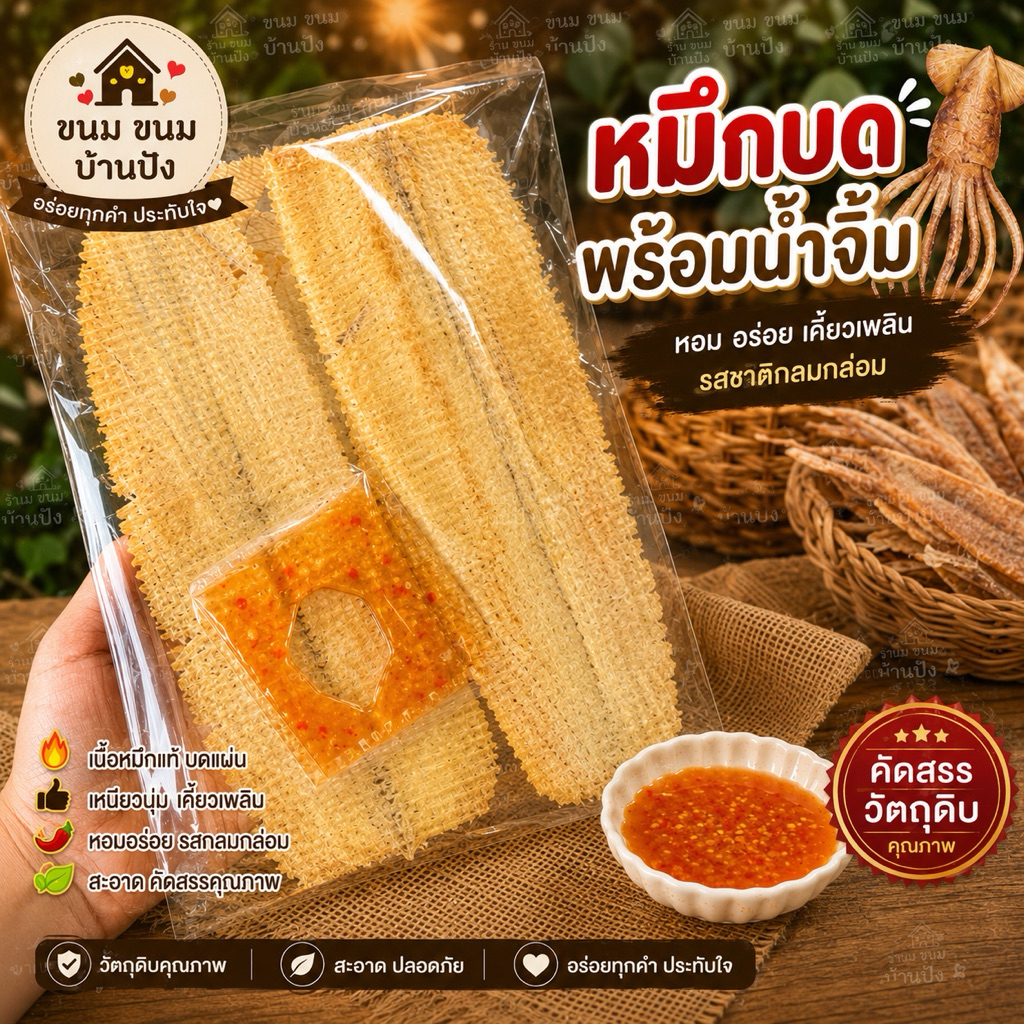 (1ห่อ) หมึกบดแผ่น แถมน้ำจิ้ม ขนาด50กรัม อร่อย สดใหม่