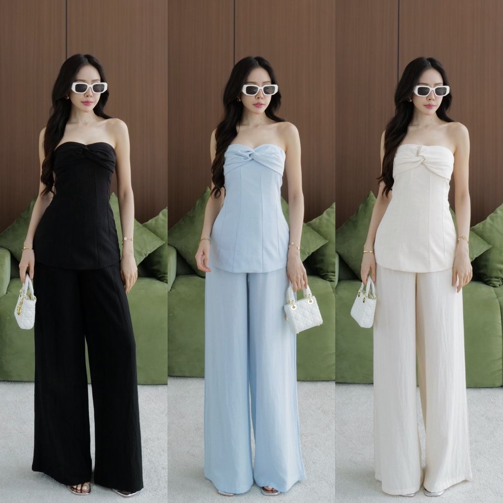 #6009 ชุดเชต เกาะอกม้วนผ้าด้านหน้า ตีเกร็ดหน้าทรงสวย ใส่ชับ มีกั้นลืน intuon