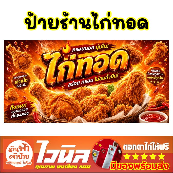 ป้ายไวนิลร้านไก่ทอด สวย เด่นชัด คมชัด ติดตั้งได้เลย พับขอบเจาะตาไก่ฟรี