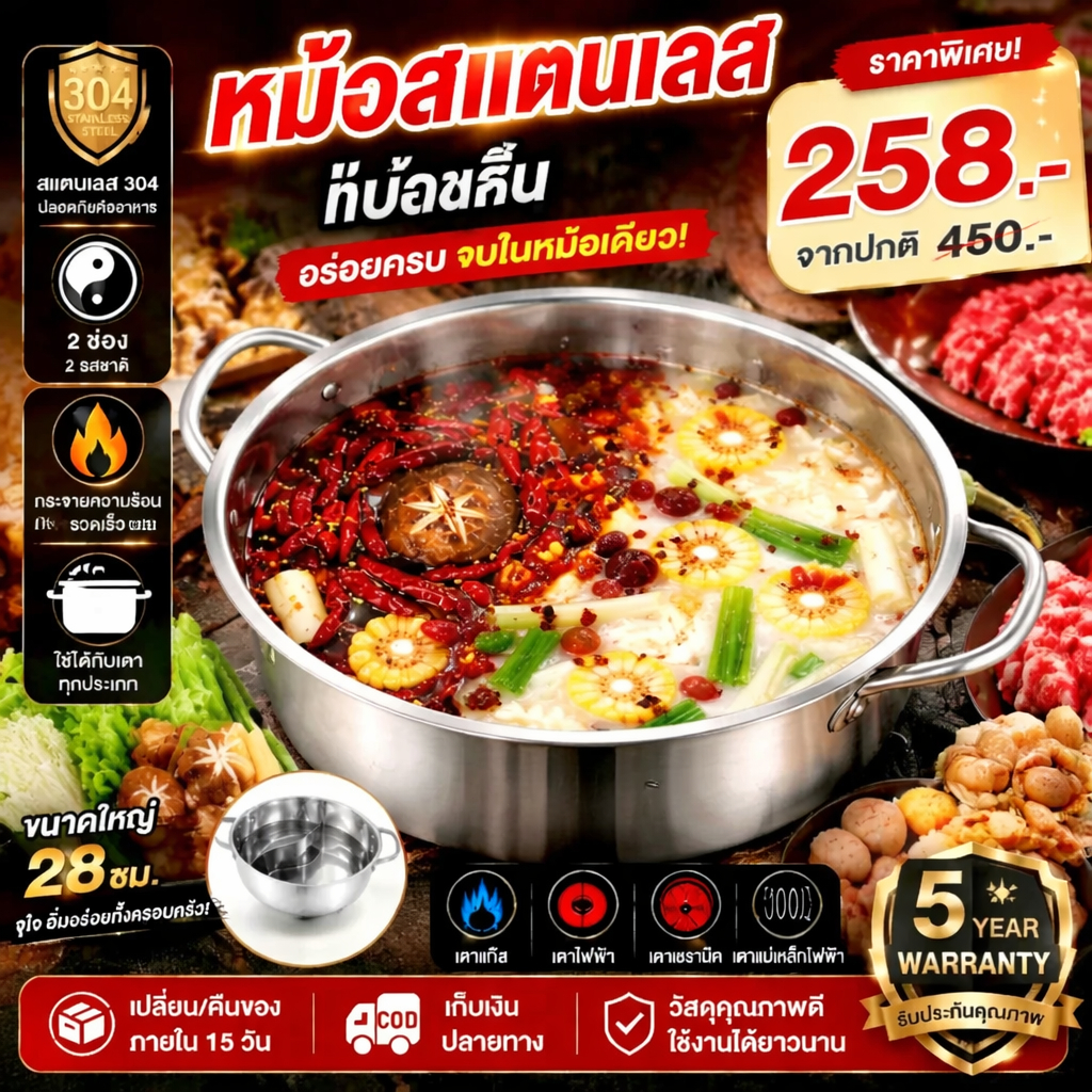 🥘หม้อสแตนเลส 304🥘หม้อซุป ใช้กับเตาแม่เหล็กไฟฟ้าได้ หม้อชาบู2ช่อง  เครื่องครัวประจำบ้าน ไม่ติดกระทะ หม้อสแตนเลสอเนกประสงค