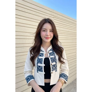 เสื้อคลุมผ้าฝ้ายคอจีนกระดุมหน้าแต่งผ้าทอ