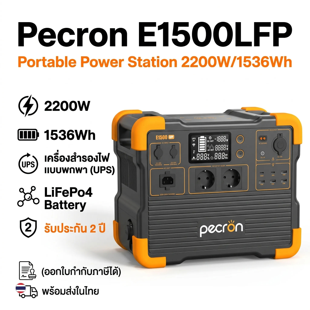 Pecron E1500LFP (ปลั๊กไทย) Portable Power Station 2200W/1536Wh เครื่องสำรองไฟแบบพกพา UPS LiFePo4 รับ