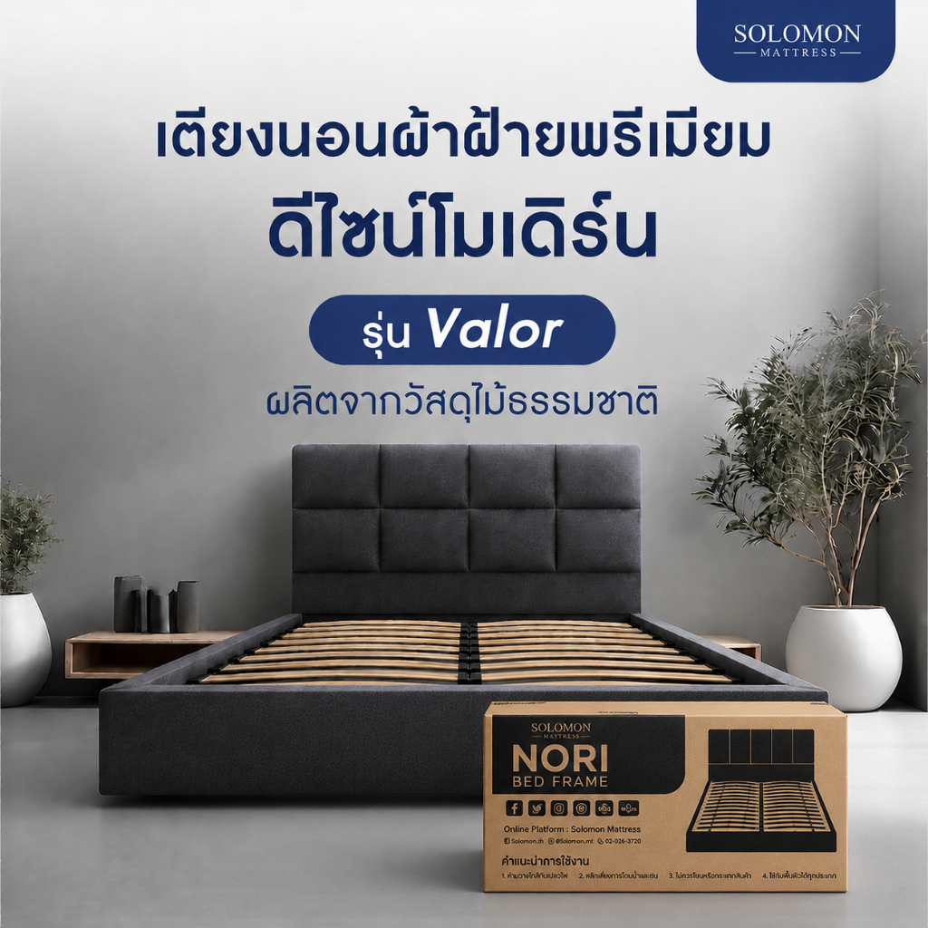 SOLOMON เตียงนอน รุ่น Valor ฐานเตียงหุ้มผ้าสีเทา ไม้แท้แข็งแรงทนทาน