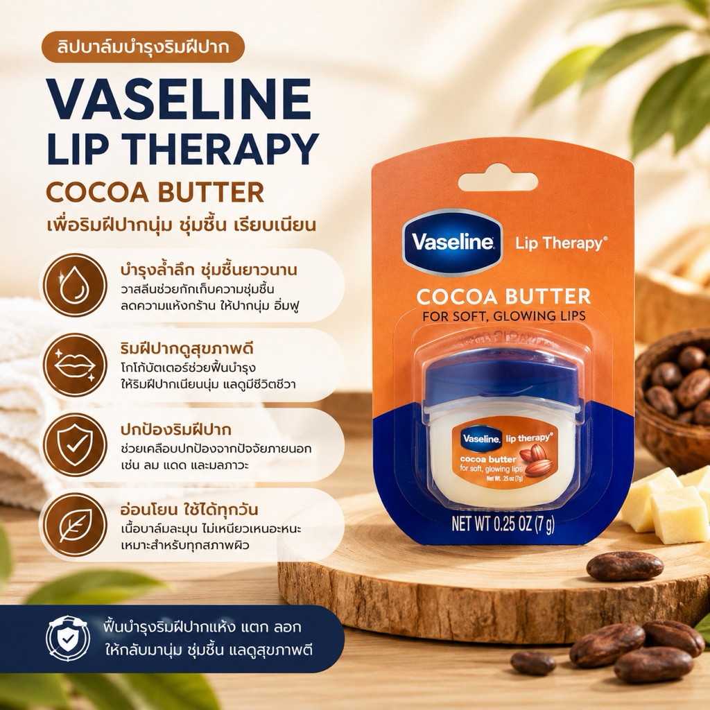 ลิปบาล์มบำรุงริมฝีปาก Vaseline Lip Therapy Cocoa Butter เติมความชุ่มชื้น ลดแห้งแตก ปากนุ่มดูสุขภาพดี