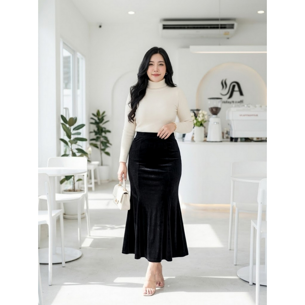 กระโปรงผ้ากำมะหยี่สีดำทรงสุภาพ ลุคเรียบหรูใส่ออกงาน ใส่ไปงานเลี้ยงดูดีมีระดับ