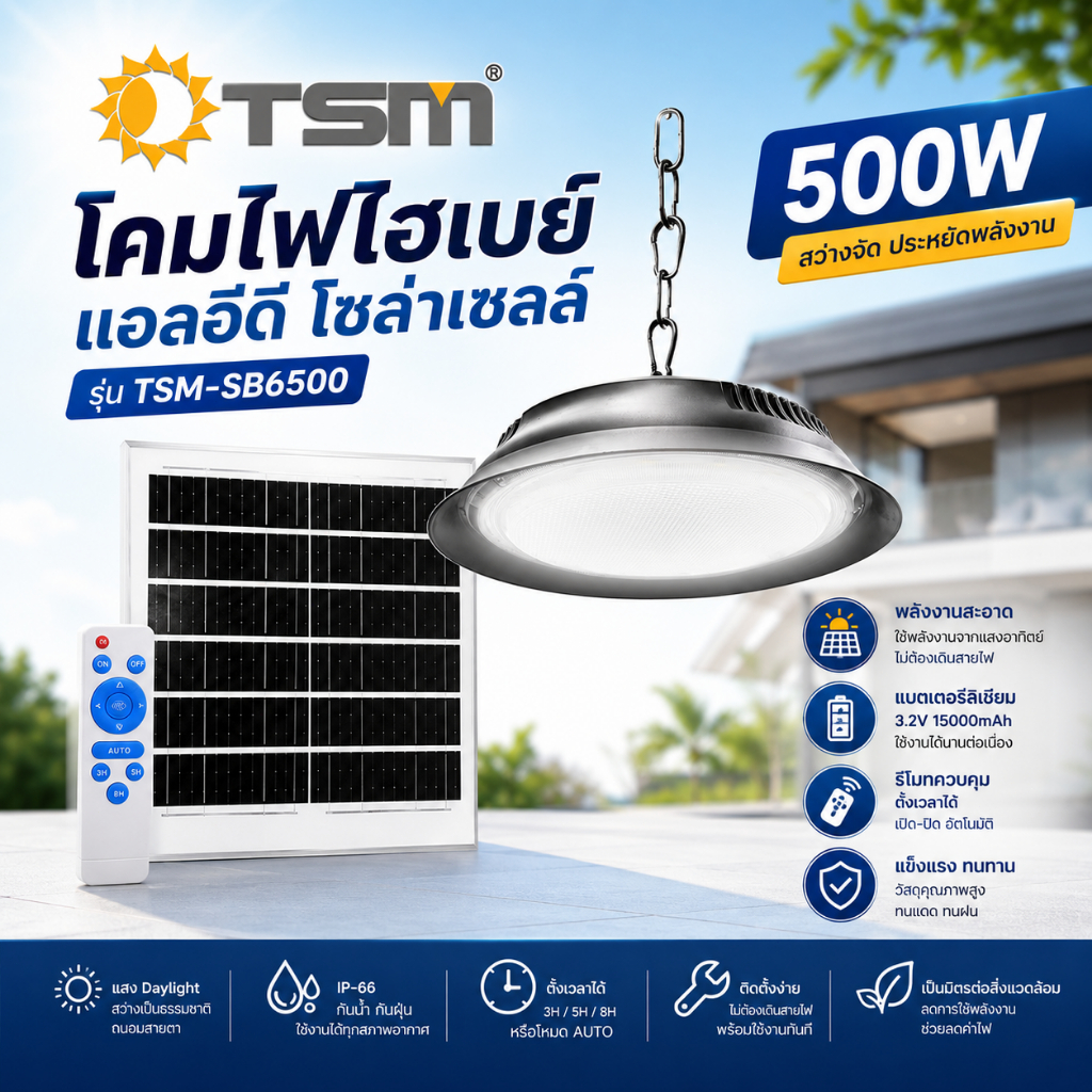 โคมไฟไฮเบย์โซล่าเซลล์ LED 500W รุ่น TSM-SB6500 แสงขาว 6500K พร้อมรีโมท กันน้ำ IP66 ไฟโรงงาน โกดัง ฟาร์ม
