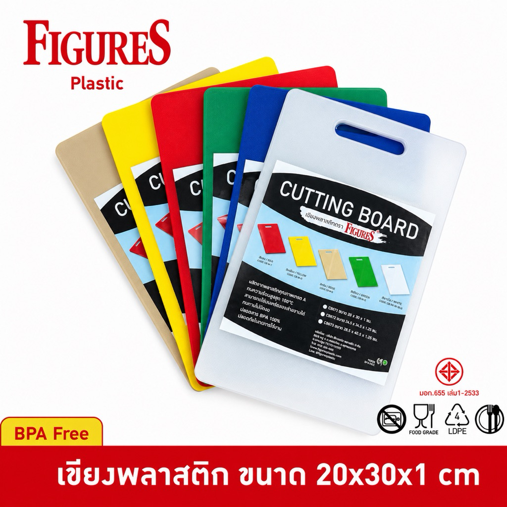 Figure เขียง เขียงสี เขียงพลาสติก เขียงพลาสติกหลายสี Food Grade ขนาด 24.5x40.5x1.5 cm รุ่น CB219
