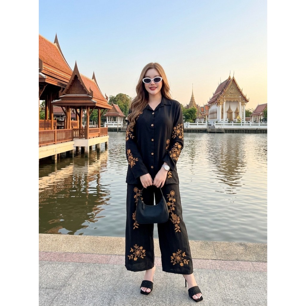 A1476 ชุดเซตเสื้อแขนยาว + กางเกงขายาว สีดำปักลาย