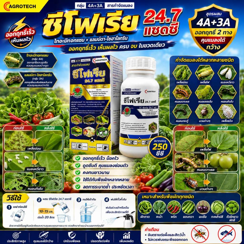 สารป้องกันกำจัดแมลงซีโฟเรีย ไทอะมีทอกแซม (thiamethoxam)+ แลมด์ดา ไซฮาโลทริน (cyhalothrin)  ขนาด 250cc