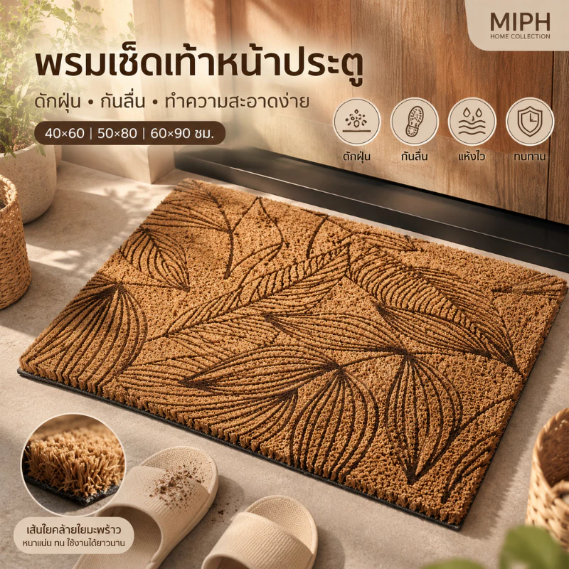 MIPH พรมเช็ดเท้าหน้าประตู🍃 พรมหน้าบ้านกันลื่น ดักฝุ่น เก็บโคลน ใช้ได้ทั้งในบ้านและนอกบ้าน ทำความสะอาดง่าย