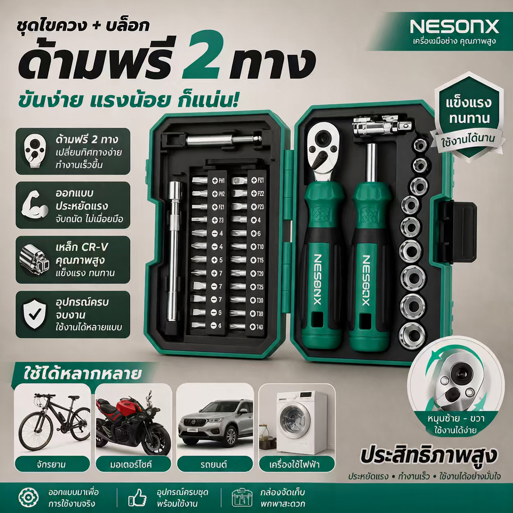 ประแจบล็อก ชุดเครื่องมือซ่อมอเนกประสงค์ 40 ชิ้น ด้ามประแจบล็อก ไขควง หัวบล็อกหลายขนาด วัสดุ CR-V แข็งแรง ใช้งานได้ทุกที่