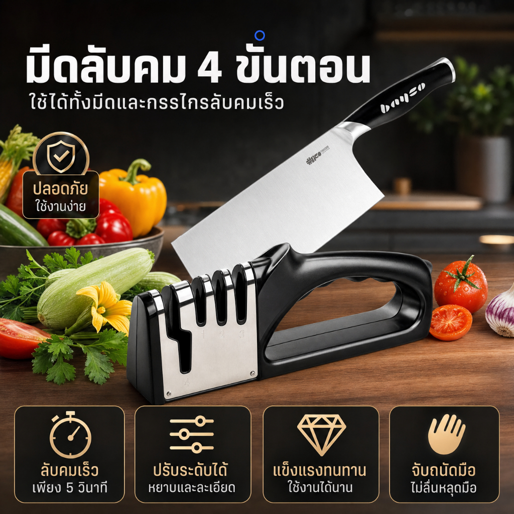 ที่ลับมีด 4 in 1 ลับได้ 3 ระดับ ลับกรรไกร 1 ช่อง ใช้ง่าย ลับง่าย อุปกรณ์ลับมีด แท่นลับมีด Sharpener