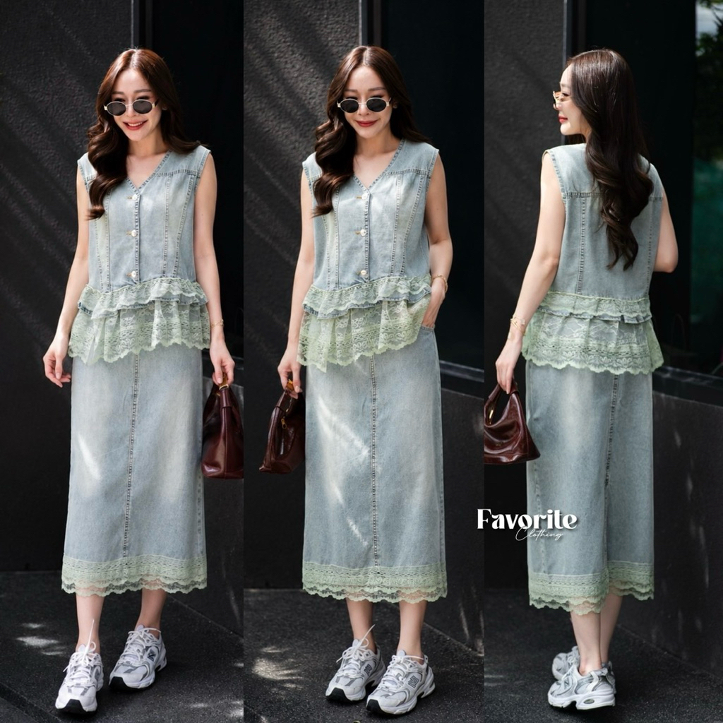 🌈🌿🌼🌸🌺💙🤍🇰🇷 Jeans Patch Rim Lace Sleeveless Top&Jeans Long Skirt Rim Lace Set