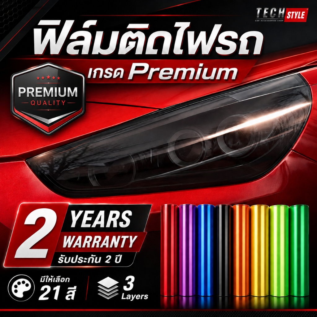 ฟิล์มติดไฟหน้า-ไฟท้าย เกรด Premium หนา 3 ชั้น 21สี ฟิล์มไฟ ฟิล์มไฟหน้ารถมอไซค์ ฟิล์มไฟท้าย