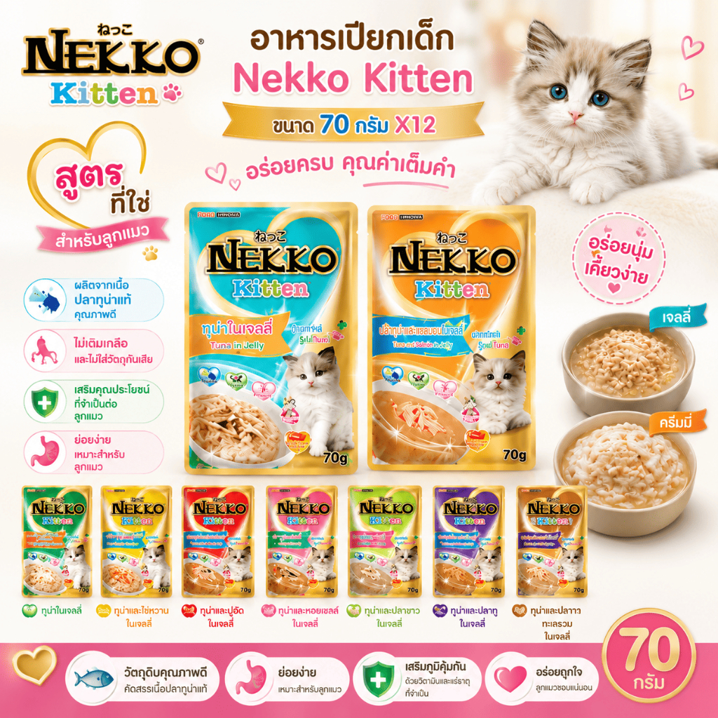 Nekko เน็กโกะ Kitten อาหารแมวเปียกลูกแมว เกรวี่ 70g x12 ซอง เนื้อสัตว์แท้ เสริมภูมิคุ้มกัน บำรุงการเจริญเติบโต