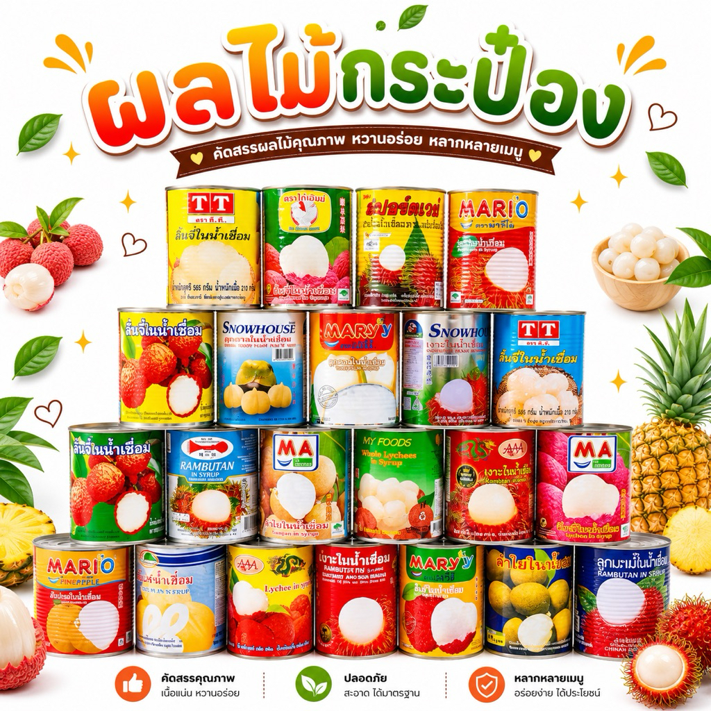 (ส่งด่วน ส่งไว)ผลไม้กระป๋อง เงาะ ลำไย ลิ้นจี่ ลูกตาล แห้ว เงาะยัดไส้สับปะรด น้ำหอม ลูกใหญ่ อร่อย น้ำหวาน