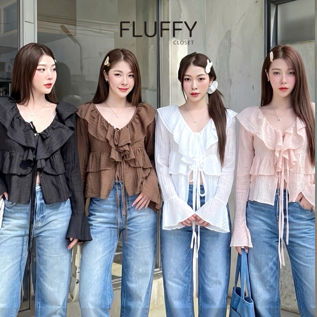 Bershaka top เสื้อระบายผูกโบว์ทรงสวย แขนยาว แต่งระบายคอ ระบายแขน ไม่ต้องรีด