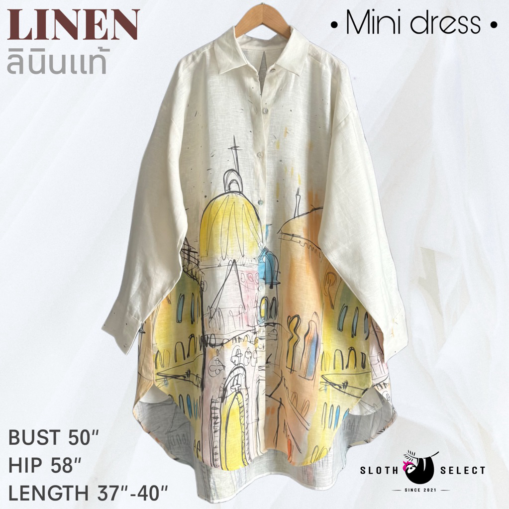 SLOTH SELECT…ลินินแท้ ไม่ผสม มินิเดรสทรง oversize ใส่แบบสบายๆเลยค่ะ ผ้าพิมพ์ลายทั้งหน้าและหลัง ลายสวยสดใส