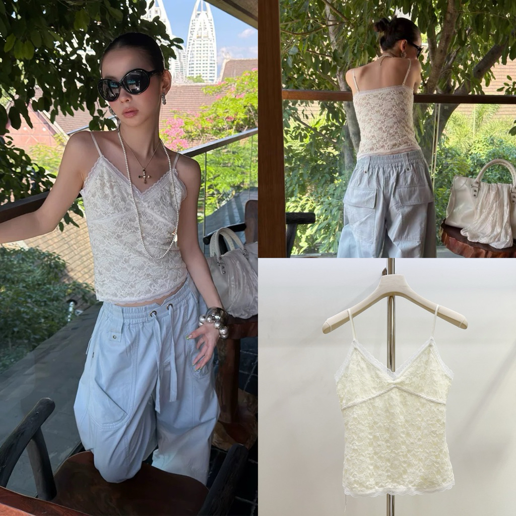 ส่งด่วน 26T302 𝗙𝗟𝗢𝗥𝗔 𝗟𝗔𝗖𝗘 𝗖𝗔𝗠𝗜 เสื้อสายเดี่ยวผ้าลูกไม้ฉลุลายทั้งตัว MMFISH