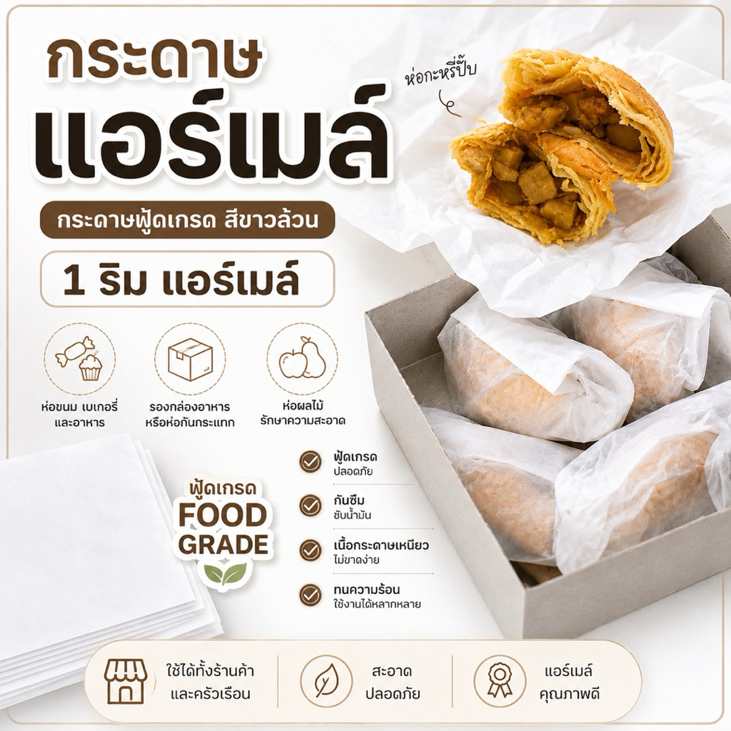 1ริม แอร์เมล์ กระดาษฟู้ดเกรด สีขาวล้วน ใช้รองกล่องอาหาร ห่อขนม เบเกอรี่ ผลไม้ ห่อกันกระแทก