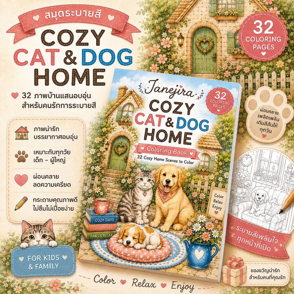 🐶🐱 สมุดระบายสี Cozy Cat & Dog Home เล่มใหญ่ 32 หน้า หนังสือระบายสี พี่หมา น้องแมว อบอุ่น สำหรับเด็กและผู้ใหญ่ คลายเครียด